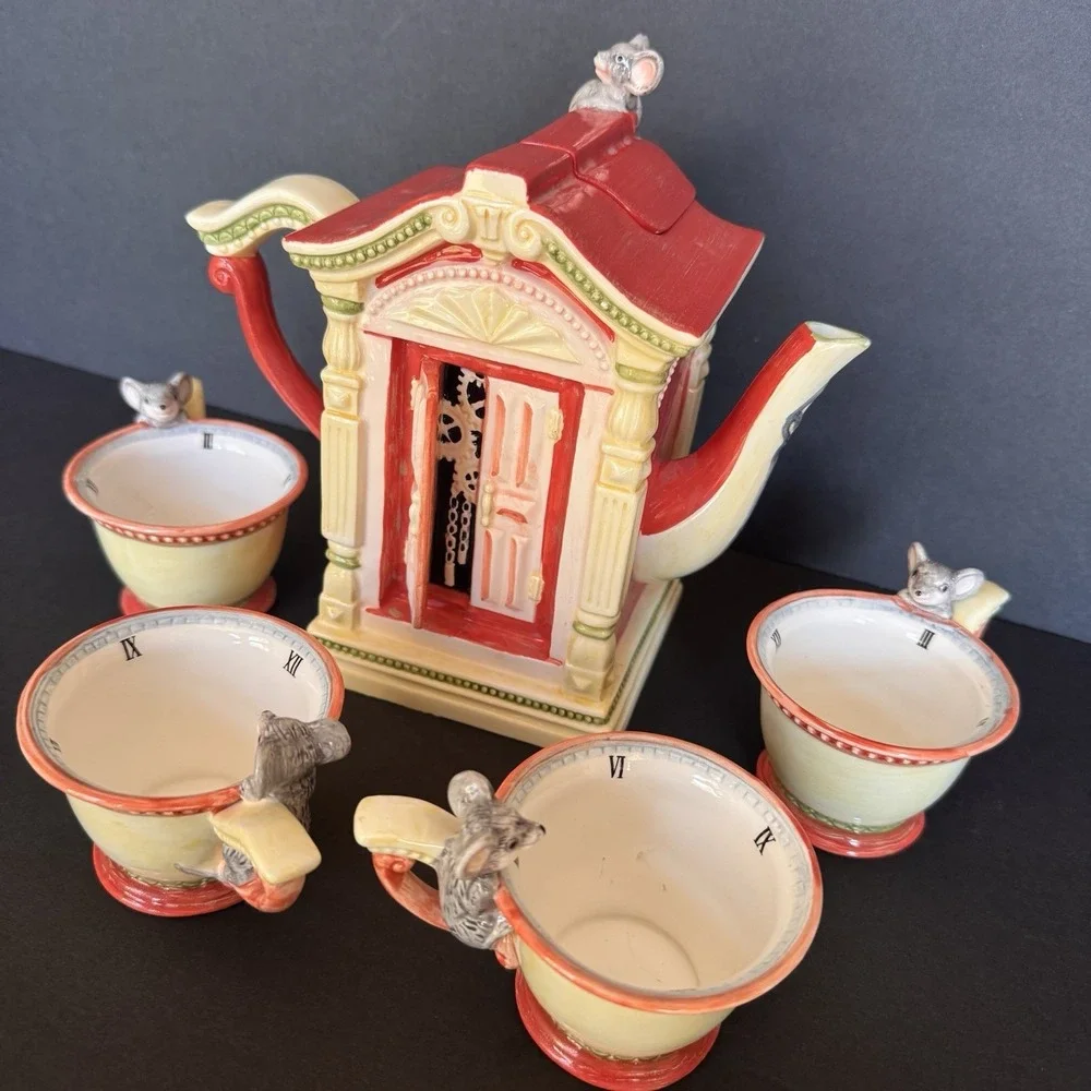 Vintage Department 56 Storybook Hickory Dickory Dock Handpainted Ceramic Tea Set